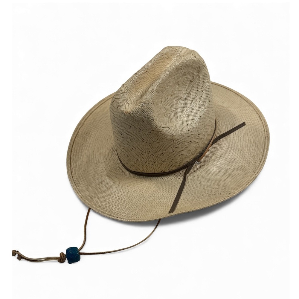 Round Up Straw Cowboy Hat Men Size 7 Western Style Tan Leather Chin Strap‎
